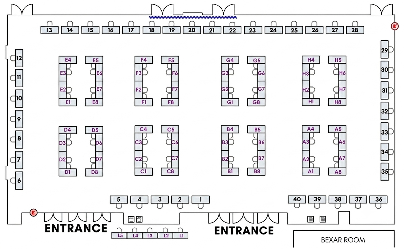 Event floor plan showing entrance, vendor rows, check-in, and rest area